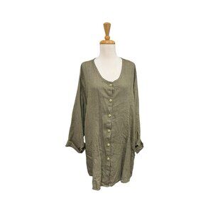 FLAX by Jeanne Engelhart Button Front Tunic Top Size L Large Green